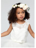 Ivory Lace Tulle Pearl Buttons Back Tea Length Flower Girl Dress